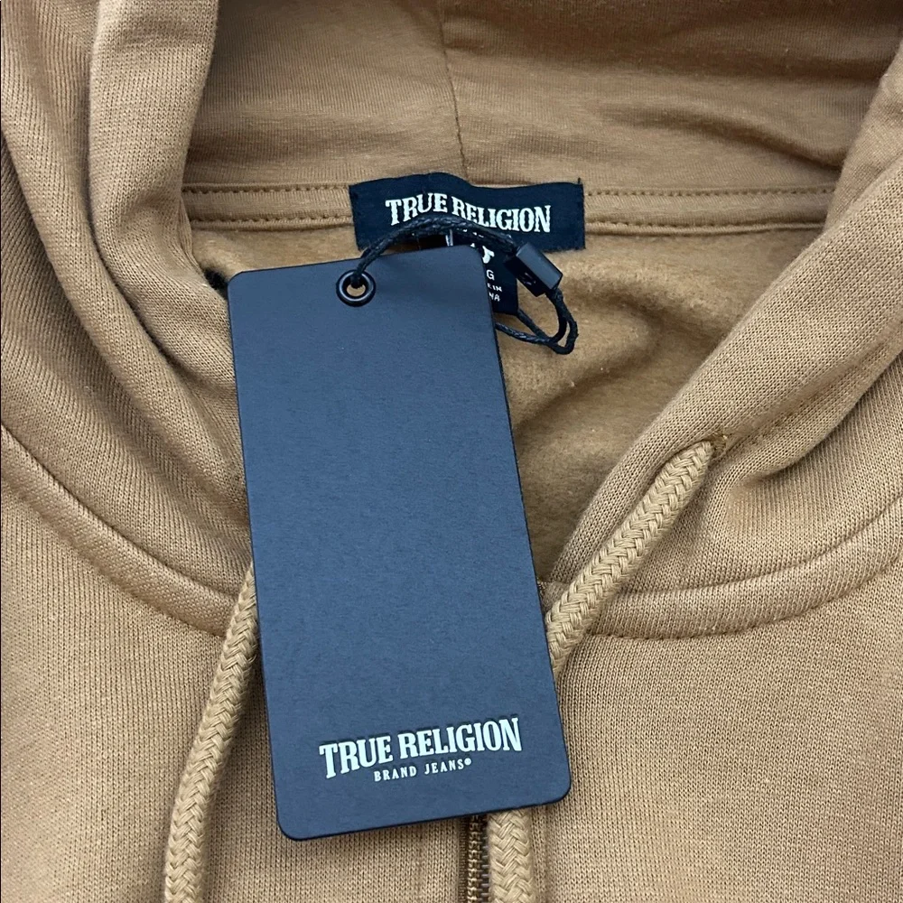 True Religion Men’s Size Large Brown Zip Front Hoodie with Large Graphic on Back